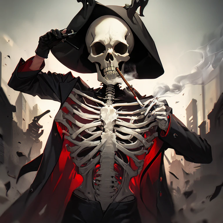 A full body shot of a Skeleton woman, skull head wearing a black suit, posing like a model, smoking a cigar and drinking whiskey , skull face,cinematic,8k,by Stanley Artgermm,Tom Bagshaw,Greg Rutkowski,Carne Griffiths, Ayami Kojima, Beksinski, Giger,trending on DeviantArt,hyper detailed,horror, black grey and red colour