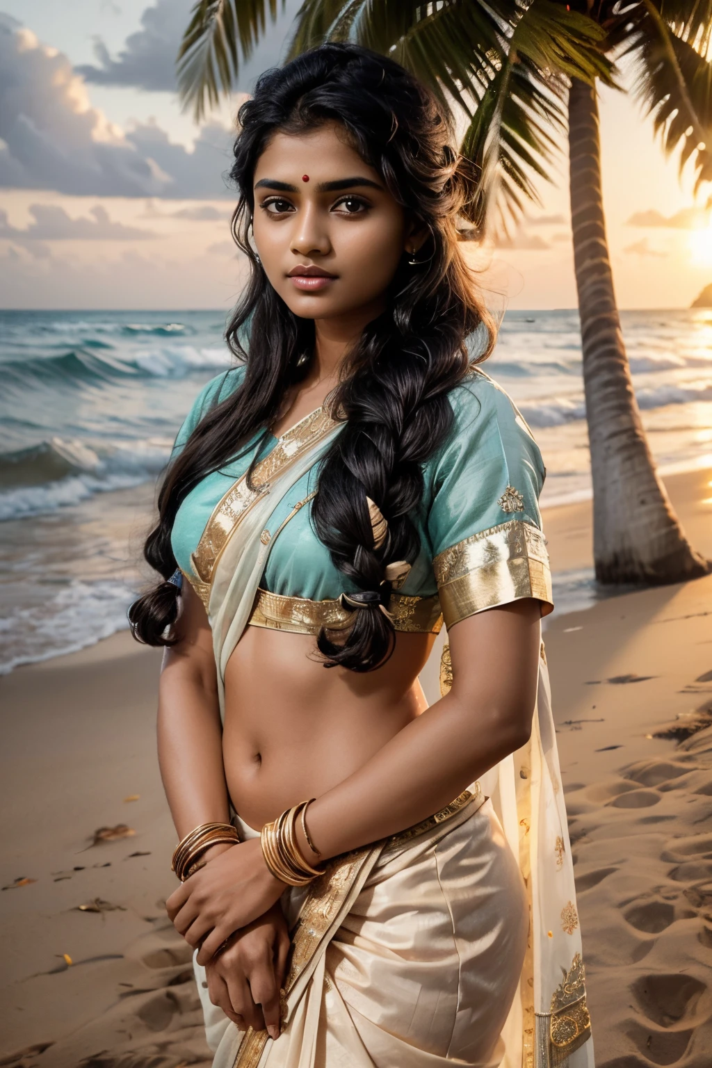 Very Indian Woman, portrait, 20 year old, , blouse and saree, dusk and sunset, tropical ocean beach sand, coconut trees, royal, detailed body, detailed face, traditional, gorgeous, ultra realistic, charming, cute, long braided hair, ambient lighting, winter, detailed background, volumetric lighting, shadow, 8k