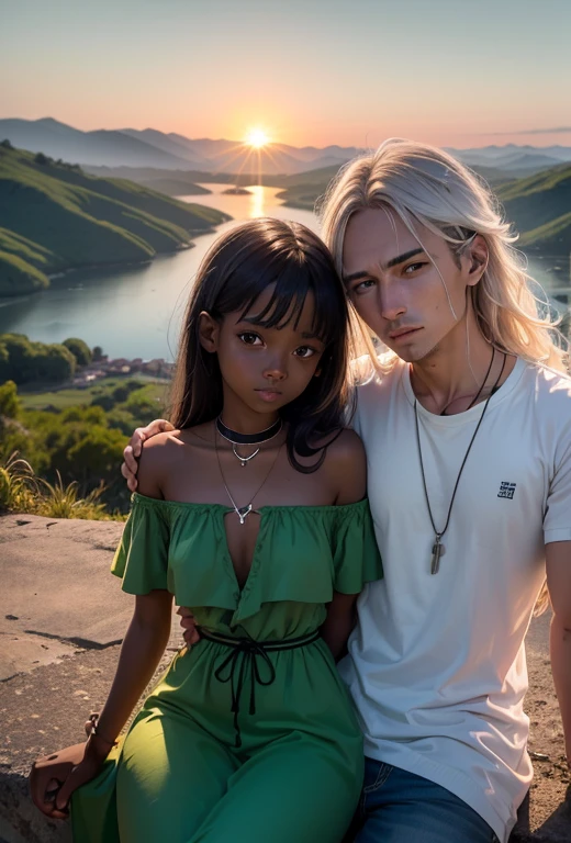 Em um campo verde, highes definition, 4k, bem detalhado,beira da montanha,observando o por do sol, clear, arm around the neck of a black girl sitting next to him, de costas para observador, a baixo da montanha uma lagoa, acima dessa lagoa o sol laranjado, highes definition
