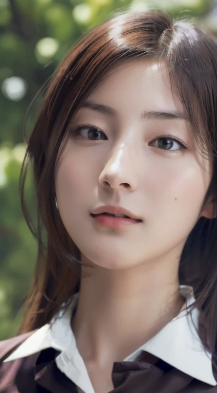Photorealistic, masutepiece, Best Quality, Raw photo, 1girl in, Solo, Long hair, Brown hair, Detailed face, alluring face, Collared shirt, medium breasts, Dynamic Pose, Looking at Viewer, From below, Detailed background, fine detailed, intricate detailes, Ray tracing, depth of fields, lowkey, nffsw