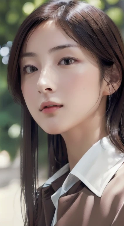 Photorealistic, masutepiece, Best Quality, Raw photo, 1girl in, Solo, Long hair, Brown hair, Detailed face, alluring face, Collared shirt, medium breasts, Dynamic Pose, Looking at Viewer, From below, Detailed background, fine detailed, intricate detailes,  Ray tracing, depth of fields, lowkey, nffsw