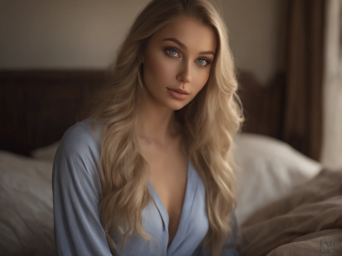 arafed woman fully , sexy girl with blue eyes, ultra realistic, meticulously detailed, portrait sophie mudd, blonde hair and large eyes, selfie of a young woman, violet myers, without makeup, natural makeup, looking directly at the camera, face with artgram, subtle makeup, stunning full body shot kneeling on the beach, medium to large size bust,wearing pijamas, (soft backlight)