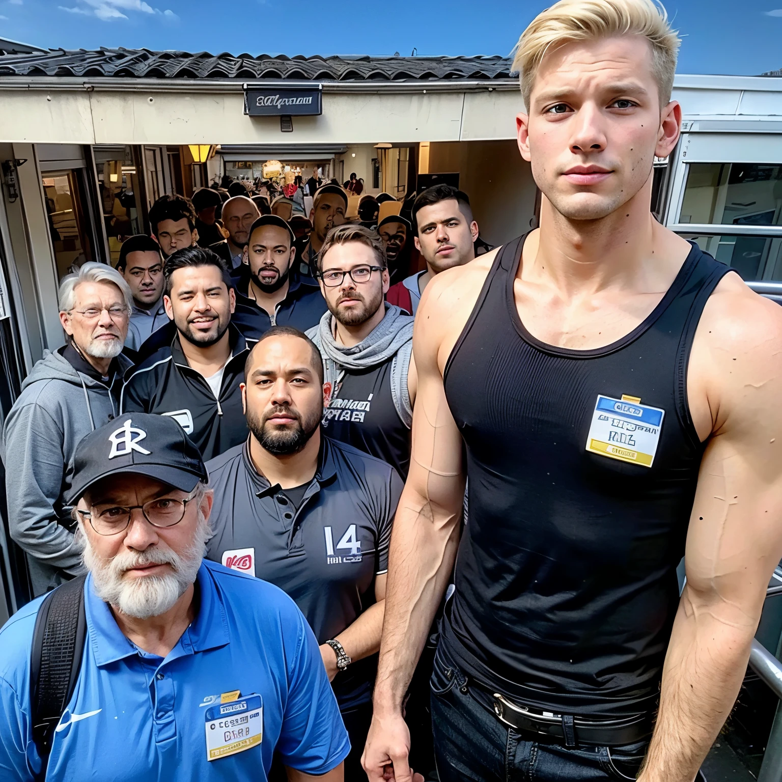 incredible tall and strong blond man, blue eyes, cute and young face with black tank top, muscular, a group short men