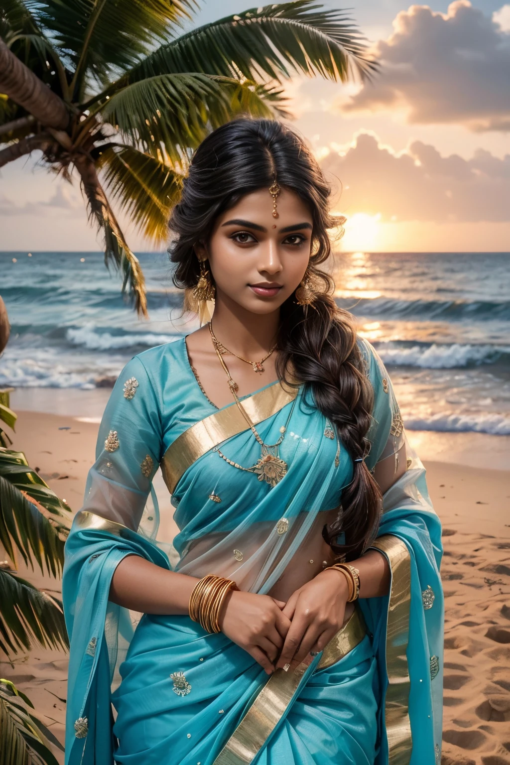 Very Indian Woman, portrait, 20 year old, teen age, blouse and saree, stylish, dusk and sunset, tropical ocean beach sand, coconut trees, royal, detailed body, detailed face, traditional, gorgeous, ultra realistic, charming, cute, long braided hair, ambient lighting, winter, detailed background, volumetric lighting, shadow, 8k