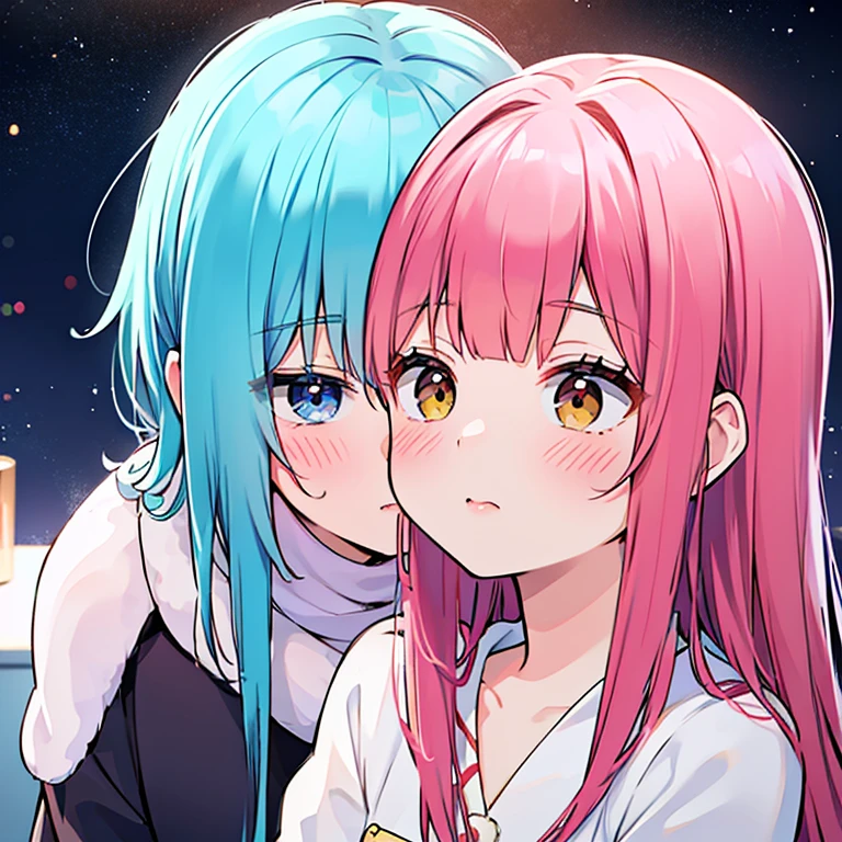 anime, duas s se beijando, Roupas de Natal, inocente, fofo, (best quality, ultra-detalhado, Realistic:1.37), vivid colors, soft lighting, fundo nevado.