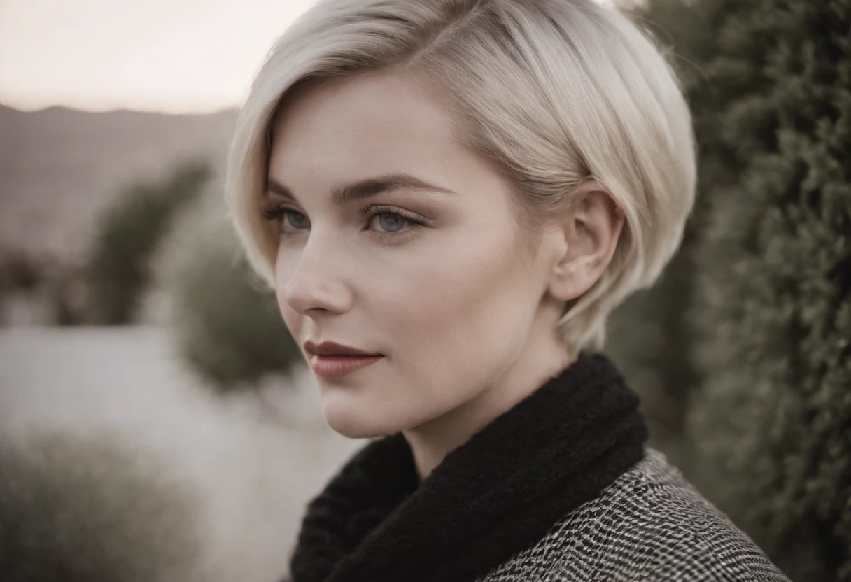 Young blonde woman with short hair, palm springs, 比基尼, California, mid century, bold black and white style, zeiss flat t * 80mm f/2.8, Stylish, fujifilm neo edition, s whole body, bold pattern, celebrity photos
