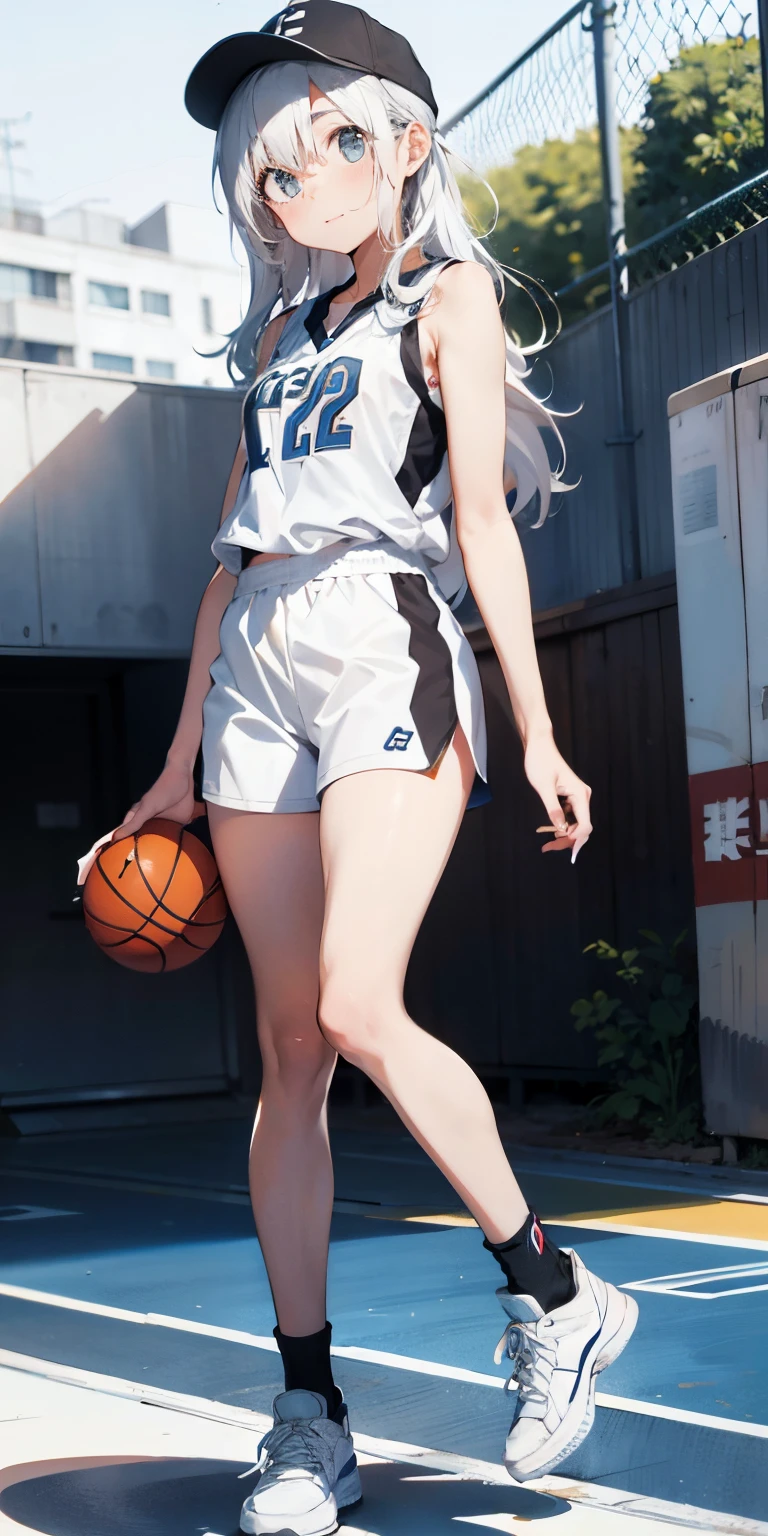 Random basketball player white skin girl, happy, cute shy girl, white long hair, sexy, slim, poser, tomboy, cool basketball court background, black binnie , cap
