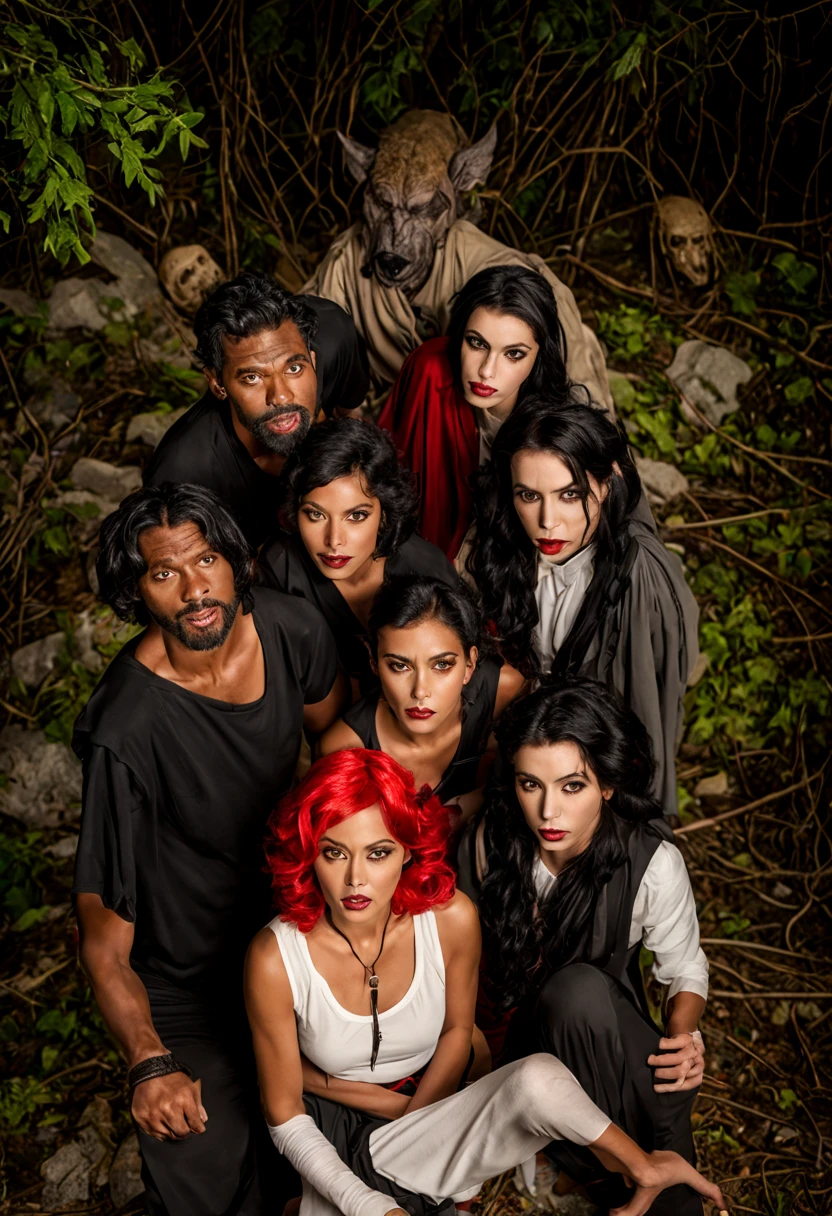 Photography of four people dressed as adventurers. A japanese female werewolf, a black male vampire, an arab female mummy and a redhead male changeling. By a cavern.