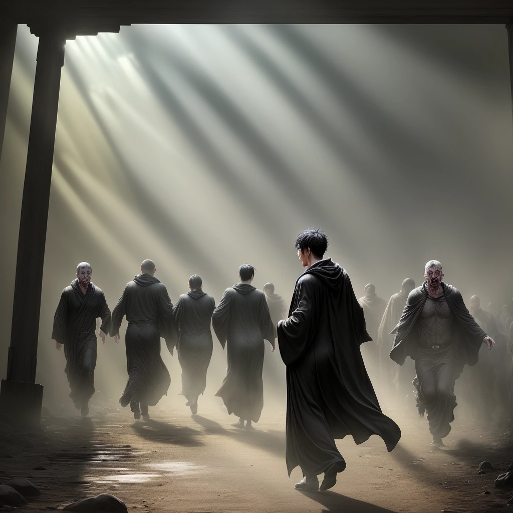 A man in a black robe runs desperately in front,A group of zombies are chasing behind。A ray of sunlight shines on the man。