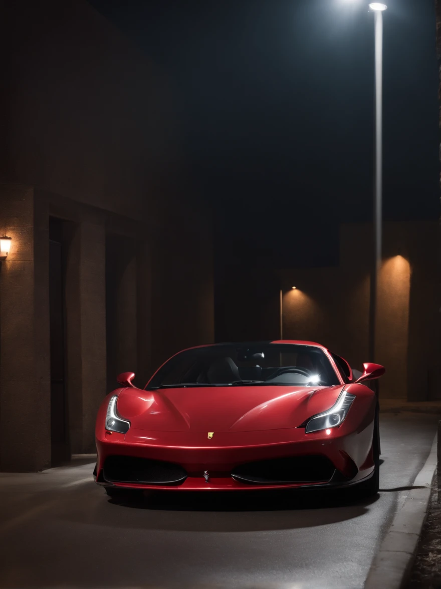 Detailed raw HD photo medium-distance photo of a (ferrari) with a big spoiler, showroom, parked in a parcade (darkly lit, dimly lit, discreet) grunge , menacing urban environment, metal tubes, concreating, decay, micro-details, hyperdetailed, raytracing, realism, crystal clear, photorealism, photorealistic,
(nocturnal, pitch, moody and dark:1.3) (bright headlights: 1.2)