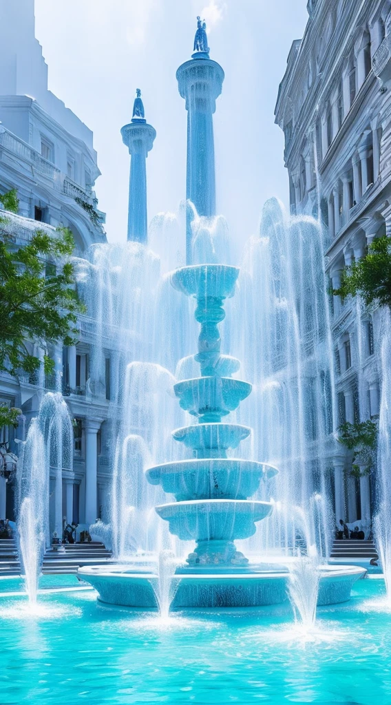 Light blue-white tones，Gorgeous interior space，Blend in with the beautiful white building，All white interior fantasy scene，((Super spectacular fountain))，(Super rich fountain)，Fountains at different levels，Transformation crystal，Ice crystals，Super quality，tmasterpiece，Super refined，A lot of detail，Splashing water droplets，feeling of mist，water vapor eruption