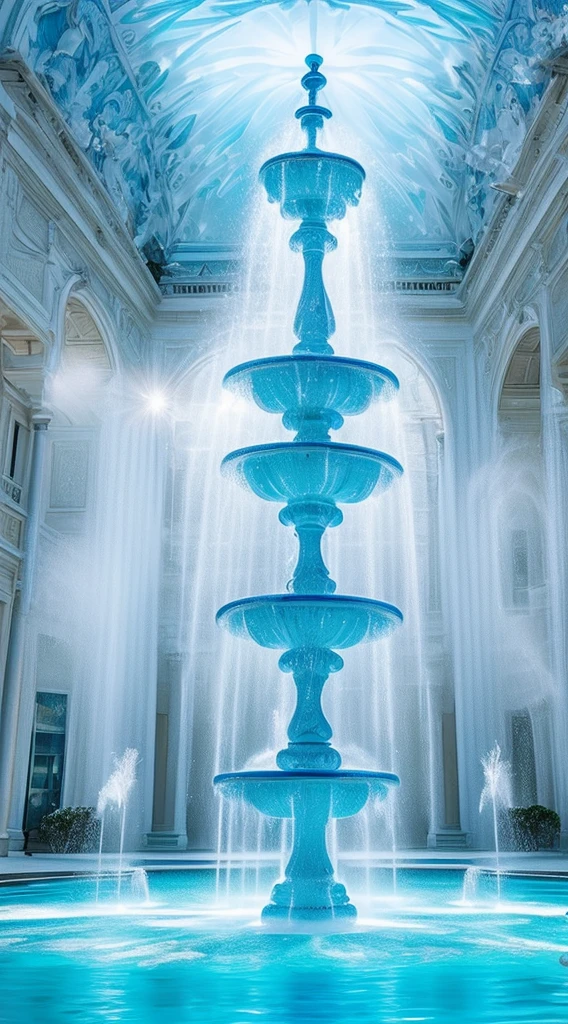Light blue-white tones，Gorgeous interior space，Blend in with the beautiful white building，All white interior fantasy scene，((Super spectacular fountain))，(Super rich fountain)，Fountains at different levels，Transformation crystal，Ice crystals，Super quality，tmasterpiece，Super refined，A lot of detail，Splashing water droplets，feeling of mist，water vapor eruption