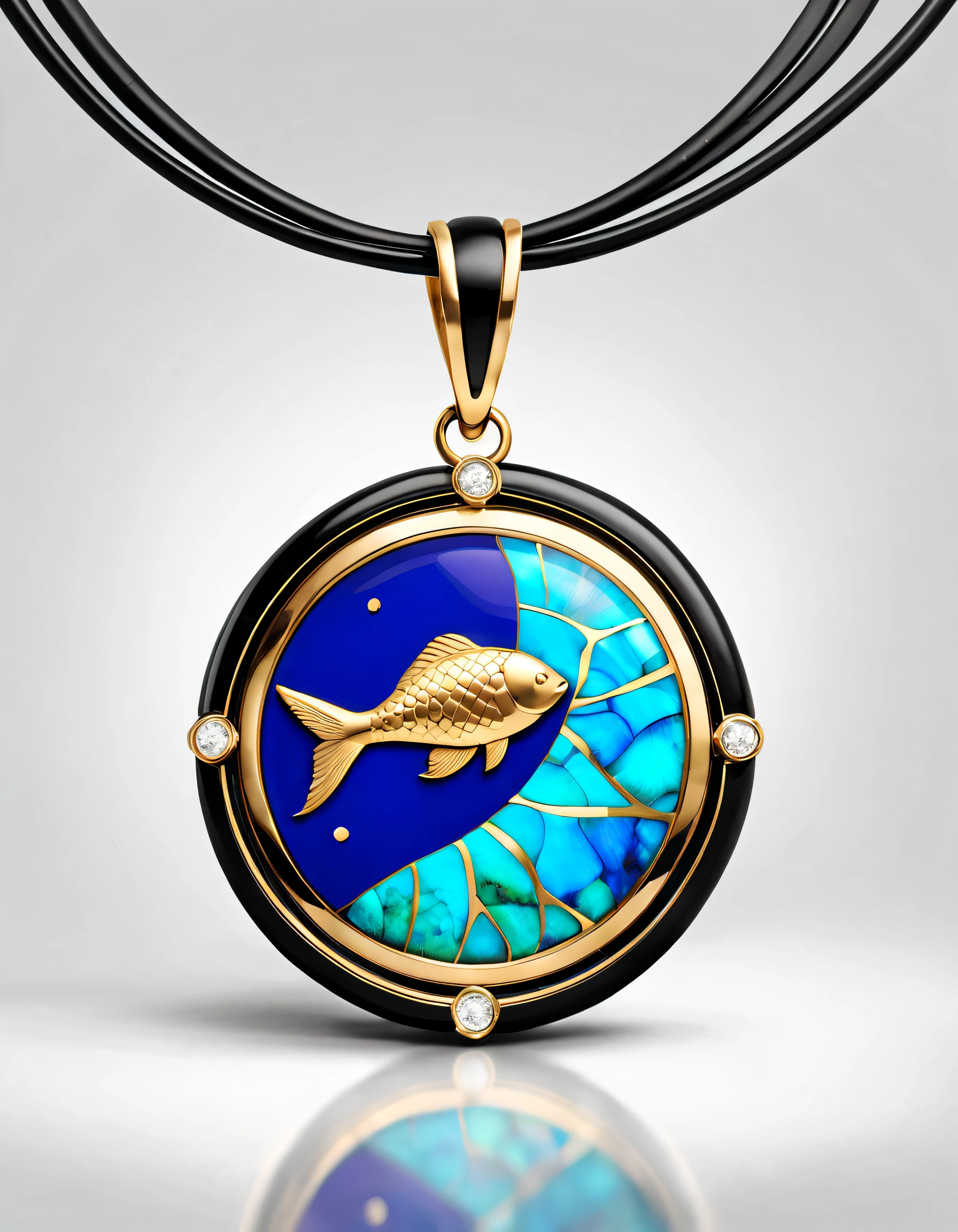 pendant design,Logo design,European and American minimalist style, (Pisces pendant design), (double opal:1.0), Black gold border, lapis lazuli,turquesa,black shell,(Pisces symbol),(Golden Pisces),Van Cleef & Arpels Cartier, Background with: The white,The content is very detailed, Best quality at best, tmasterpiece, A high resolution, hyper realisitc, 8K,gentlesoftlighting,