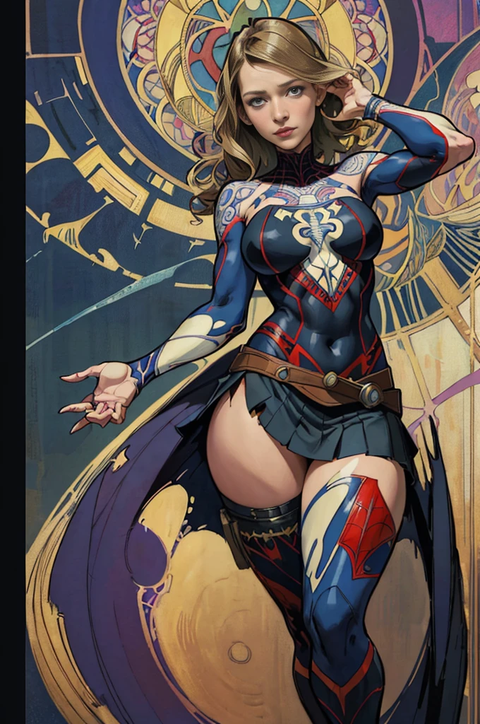 Anna Torv、Sticking out the navel、newyork、She wears a torn Spider-Man suit,wearing skirt、abstract photorealistic、artistic、Alphonse Mucha's painting(masterpiece、top-quality、hight resolution:1.4)、detaileds、intricate-detail、4K、color splashes、line-drawing、Fibonacci、