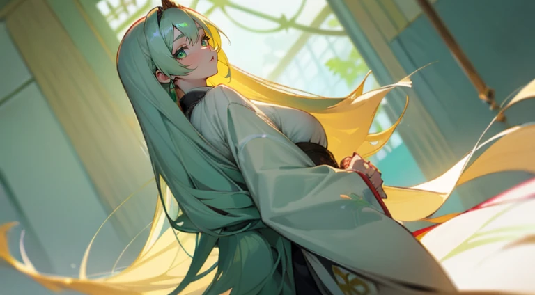 Highly detailed A Japanese style a beauty girl long blonde hair samurais pale green kimono Blue hair fastening Green eyes huge tit Looks Back
