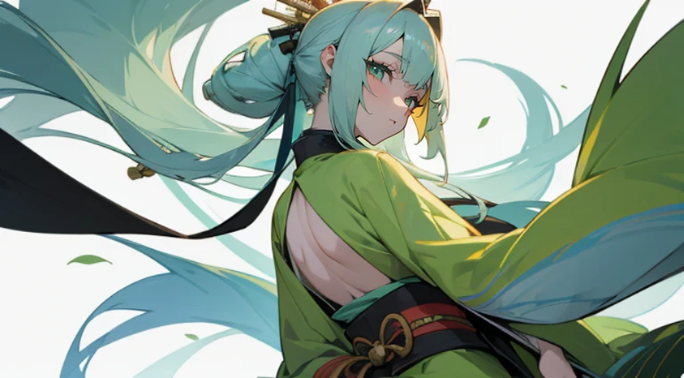 Highly detailed A Japanese style a beauty girl long blonde hair samurais pale green kimono Blue hair fastening Green eyes huge tit Looks Back