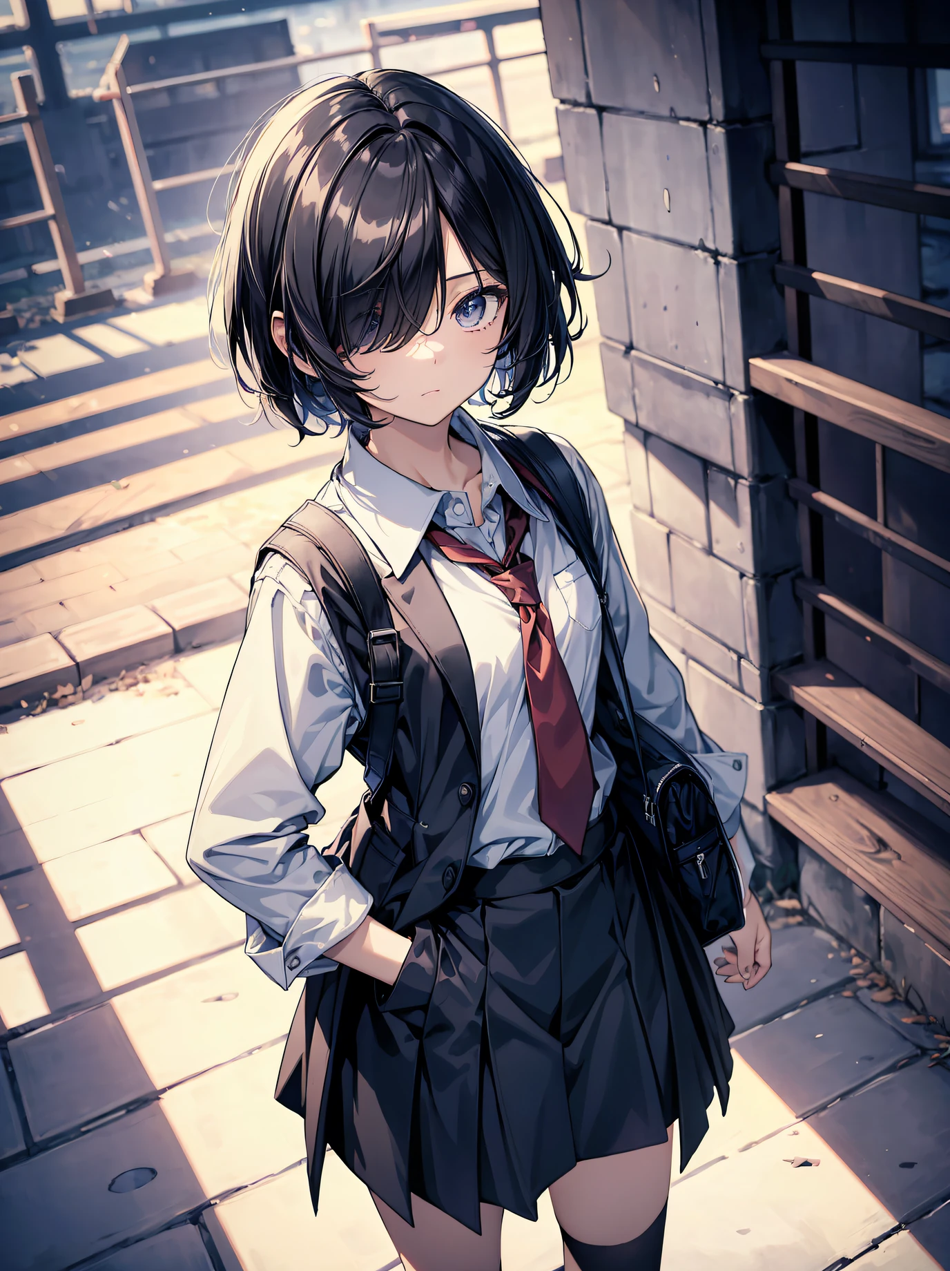 God quality, anime moe artstyle,best anime 8k konachan wallpaper,badass anime 8k,perfect ???????, (Please draw a girl walking sleepily to school. ),break, 1girl, (Solo,Loli,child,13-year-old:1.3),a junior high school student, androgynous charm, Very Short hair,parted bangs,(hair over one eye), Full limbs, complete fingers,flat chest, Small butt, groin, Small eyes,finely detailed beautiful black eyes,disgusted eyes, school Uniform, in the School commute route. break,ultra-detailed,high resolution,super detailed skin, professional lighting,8k eye details, (cool illustration:1.2),