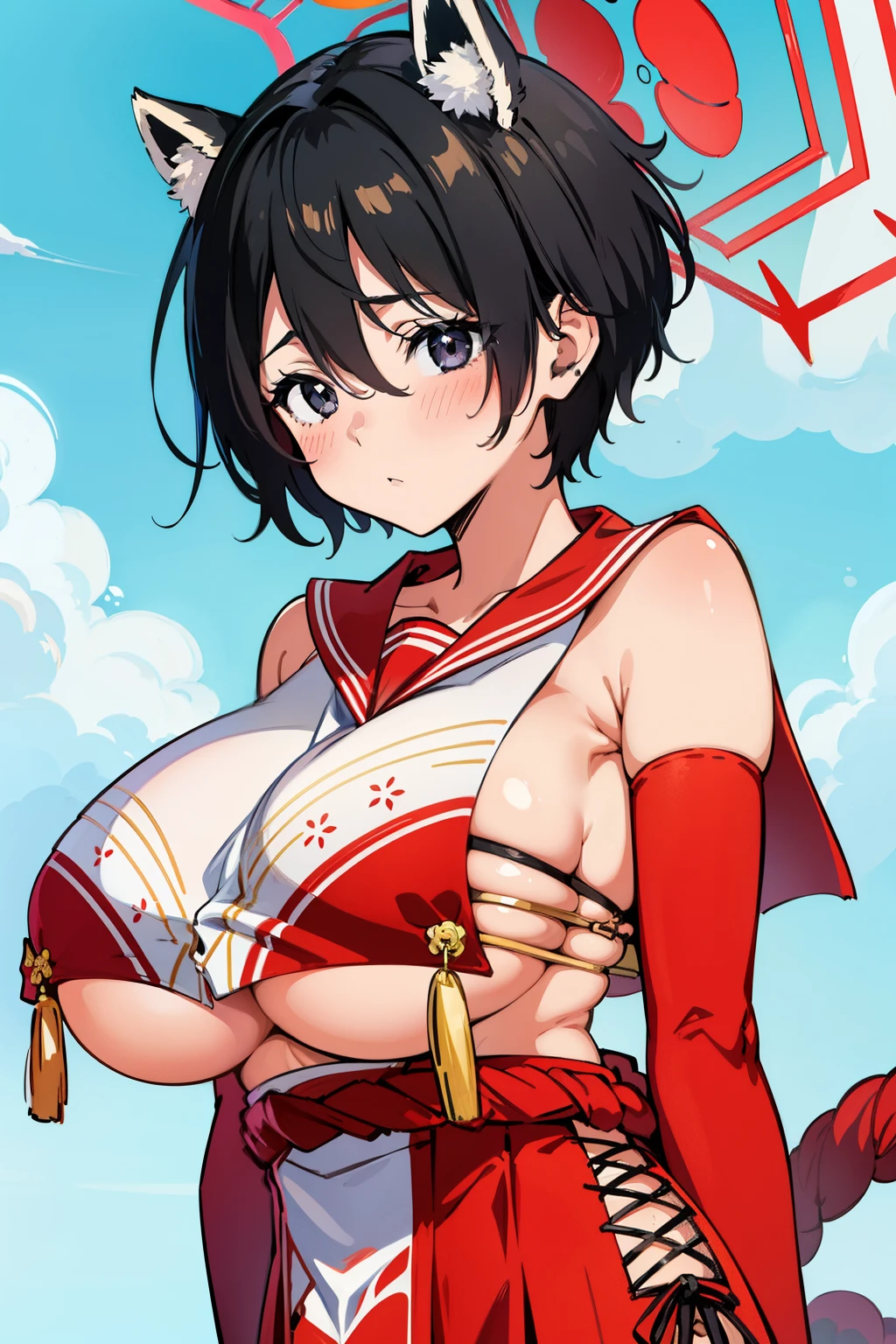 anime cels style, best quality, high resolution, 1girl, (huge breasts:1.2), tsubaki_bluearchive, short_hair, black_hair, animal_ears, bangs, hair_between_eyes, halo, black_eyes, outfit-tsubaki, breast curtain, red skirt, red sailor collar, elbow gloves, blush, embarrassed, sky
