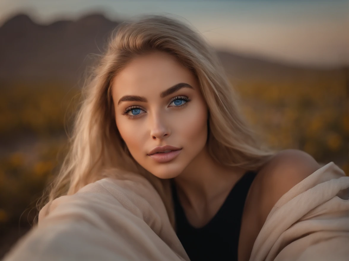 arafed woman fully , sexy girl with blue eyes, ultra realistic, meticulously detailed, portrait sophie mudd, blonde hair and large eyes, selfie of a young woman, violet myers, without makeup, natural makeup, looking directly at the camera, face with artgram, subtle makeup, stunning full body, landscape in dubai