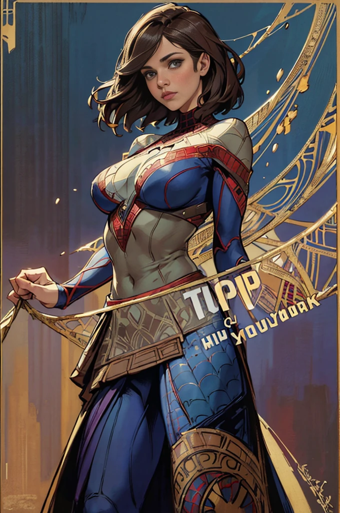 Lyndsy Fonseca、Sticking out the navel、newyork、She wears a torn Spider-Man suit,wearing skirt、abstract photorealistic、artistic、Alphonse Mucha's painting(masterpiece、top-quality、hight resolution:1.4)、detaileds、intricate-detail、4K、color splashes、line-drawing、Fibonacci、