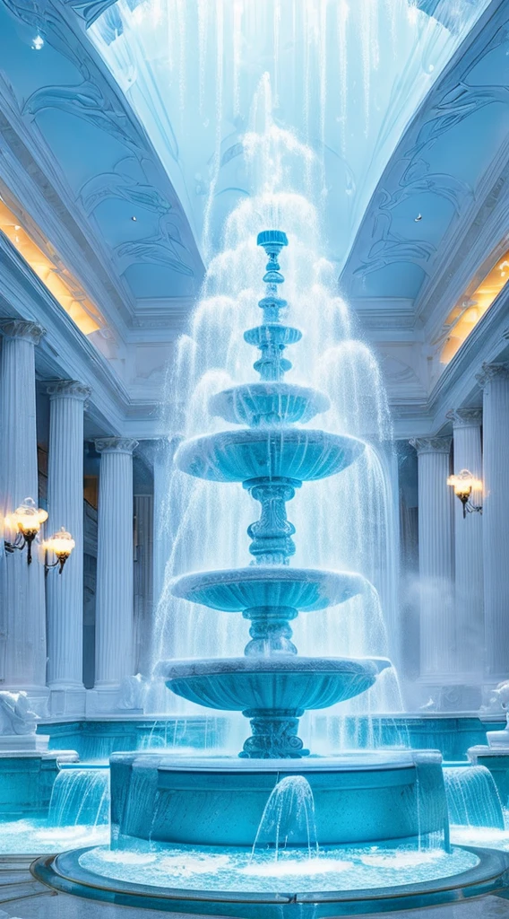 Light blue-white tones,Gorgeous interior space,Blend in with the beautiful white building,All white interior fantasy scene,((Super spectacular fountain)),(Super rich fountain),Fountains at different levels,Transformation crystal,Ice crystals,Super quality,tmasterpiece,Super refined,A lot of detail,Splashing water droplets,feeling of mist,water vapor eruption