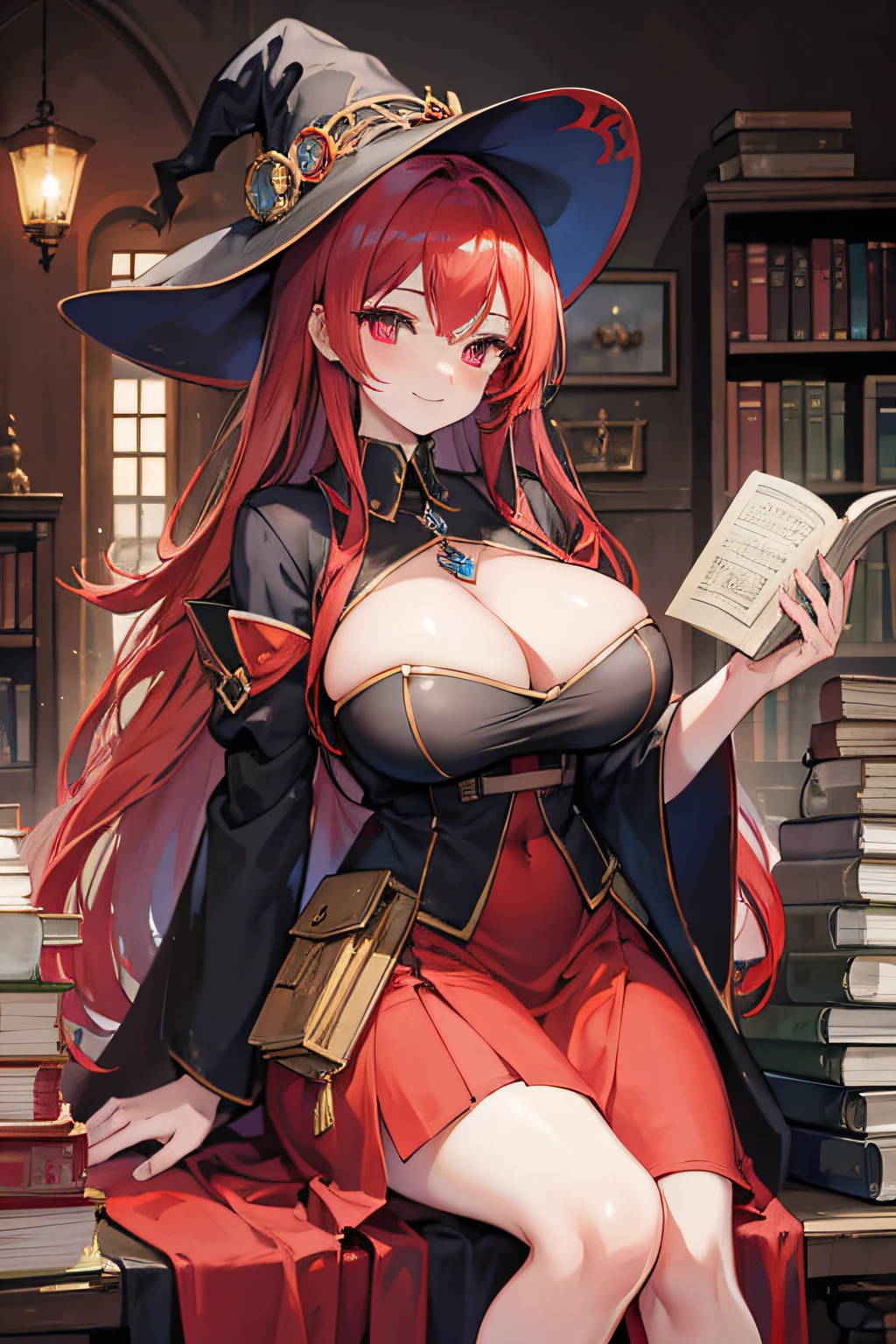 (Masterpiece, Best Quality)girl with large breasts,witchy,long red hair and eyes,diamond-shaped pupil, Medieval dress, Smiling,holding a stack of books in his hands
