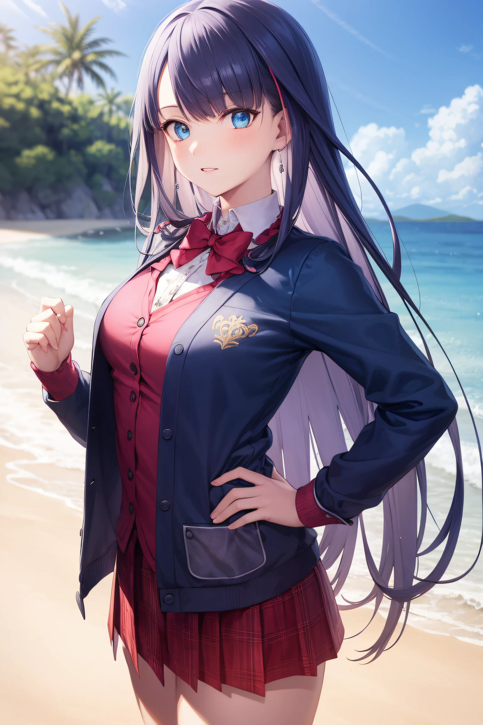 fgomartha, martha, blue eyes, blunt bangs, purple hair, straight hair, long hair,
BREAK blue jacket,school_uniform, pink shirt, collared_shirt,pink_cardigan,
BREAK looking at viewer,standing, pose, hand on hip,
BREAK outdoors, beach,
BREAK (masterpiece:1.2), best quality, high resolution, unity 8k wallpaper, (illustration:0.8), (beautiful detailed eyes:1.6), extremely detailed face, perfect lighting, extremely detailed CG, (perfect hands, perfect anatomy),