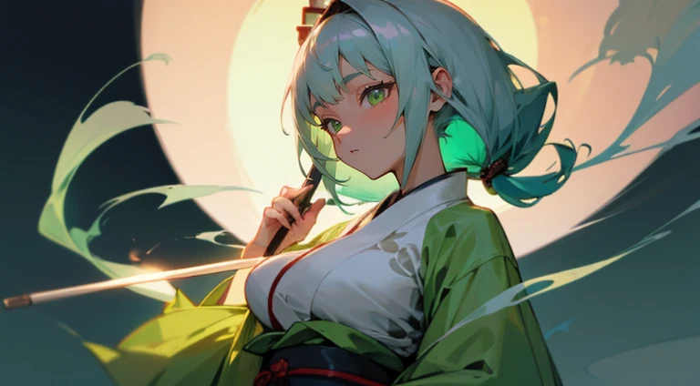 Highly detailed　A Japanese style　a beauty girl　silber hair　samurais　light green kimono　　Blue hair fastening　Green eyes　huge tit　Smoke pipes　Looks Back