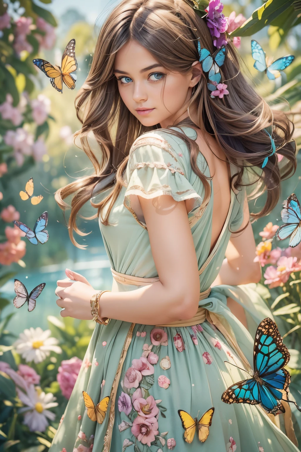 (best quality,4k,8k,highres,masterpiece:1.2),ultra-detailed,(realistic,photorealistic,photo-realistic:1.37),A girl with beautiful detailed eyes and lips,dressed in a girly outfit,standing in a colorful garden with blooming flowers and lush greenery,her hair flowing in the breeze. The scene is bathed in warm sunlight, casting soft shadows on the landscape. The girl is surrounded by playful butterflies and chirping birds, creating a whimsical atmosphere. The artwork is created using a combination of digital painting and realistic rendering techniques, resulting in a vibrant and lively composition. The colors are bright, with a focus on pastel shades, giving the artwork a cute and feminine feel. The lighting is soft and diffused, creating a gentle and dreamy ambiance. The details of the girl's features and surroundings are intricately depicted, showing the artist's attention to detail and creating a visually stunning masterpiece.