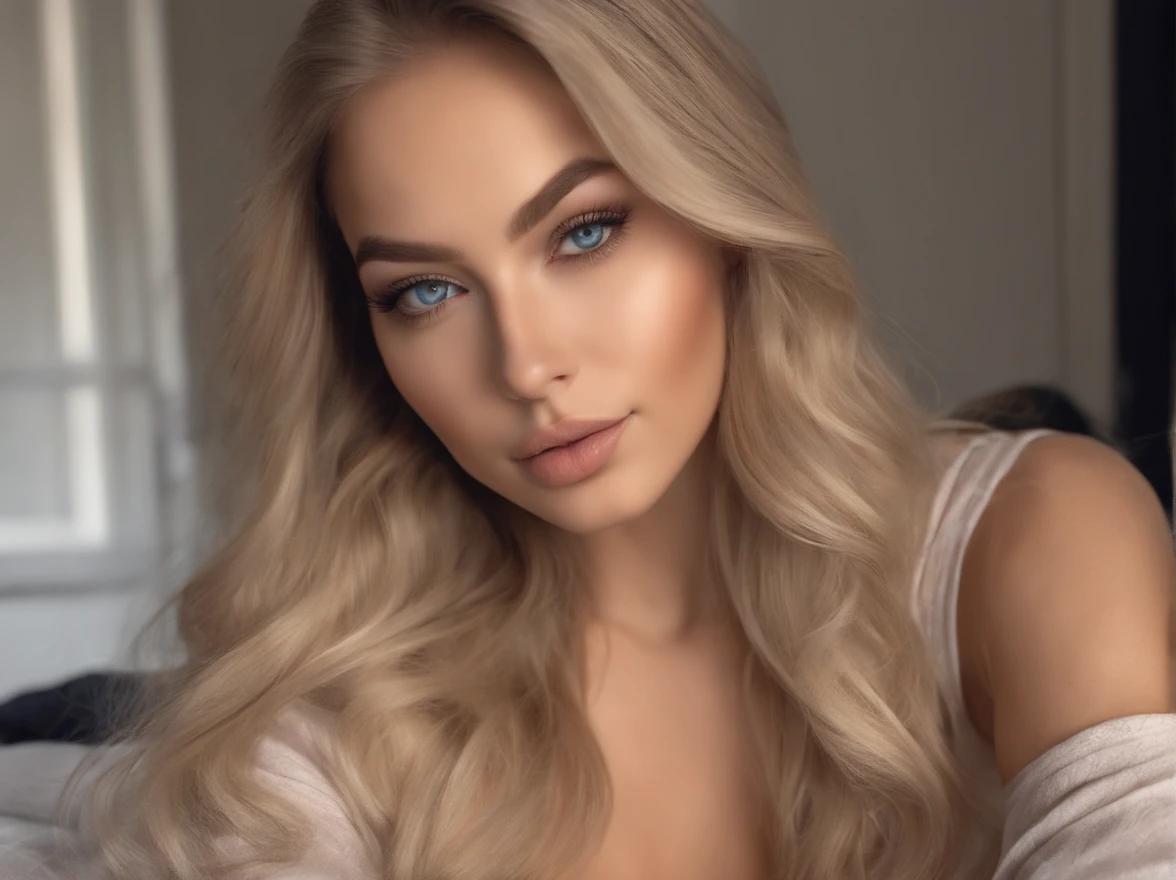 arafed woman fully , sexy girl with blue eyes, ultra realistic, meticulously detailed, portrait sophie mudd, blonde hair and large eyes, selfie of a young woman, bedroom eyes, violet myers, without makeup, natural makeup, looking directly at the camera, face with artgram, subtle makeup, stunning full body shot kneeling on bed, in bedroom, medium to large size bust