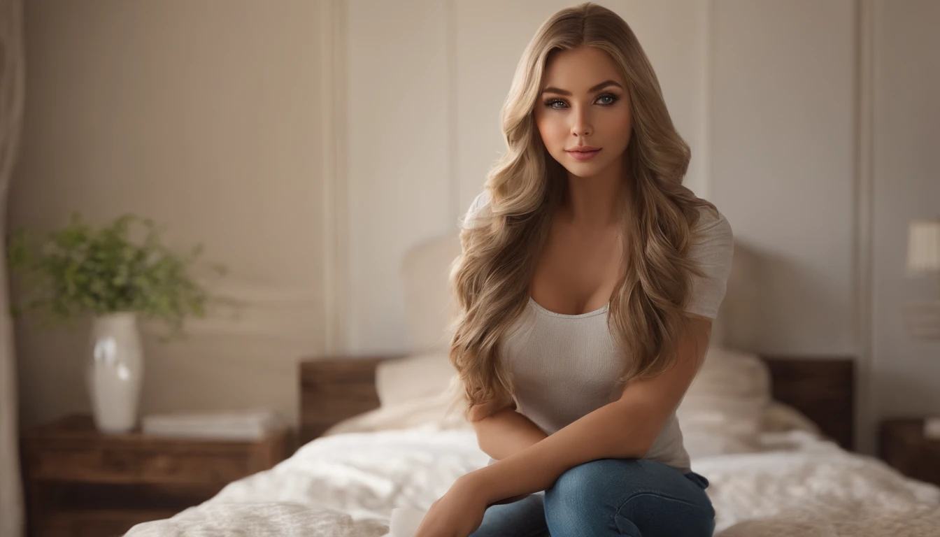 arafed woman fully , sexy girl with blue eyes, ultra realistic, meticulously detailed, portrait sophie mudd, blonde hair and large eyes, selfie of a young woman, bedroom eyes, violet myers, without makeup, natural makeup, looking directly at the camera, face with artgram, subtle makeup, stunning full body shot kneeling on bed, in bedroom, medium to large size bust