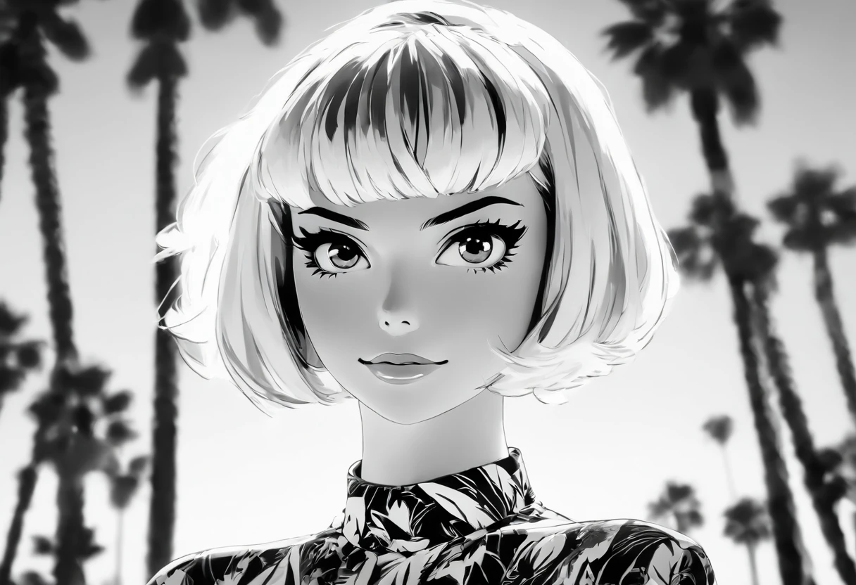 Young blonde woman with short hair, palm springs, 比基尼, California, mid century, bold black and white style, zeiss flat t * 80mm f/2.8, Stylish, fujifilm neo edition, s whole body, bold pattern, celebrity photos