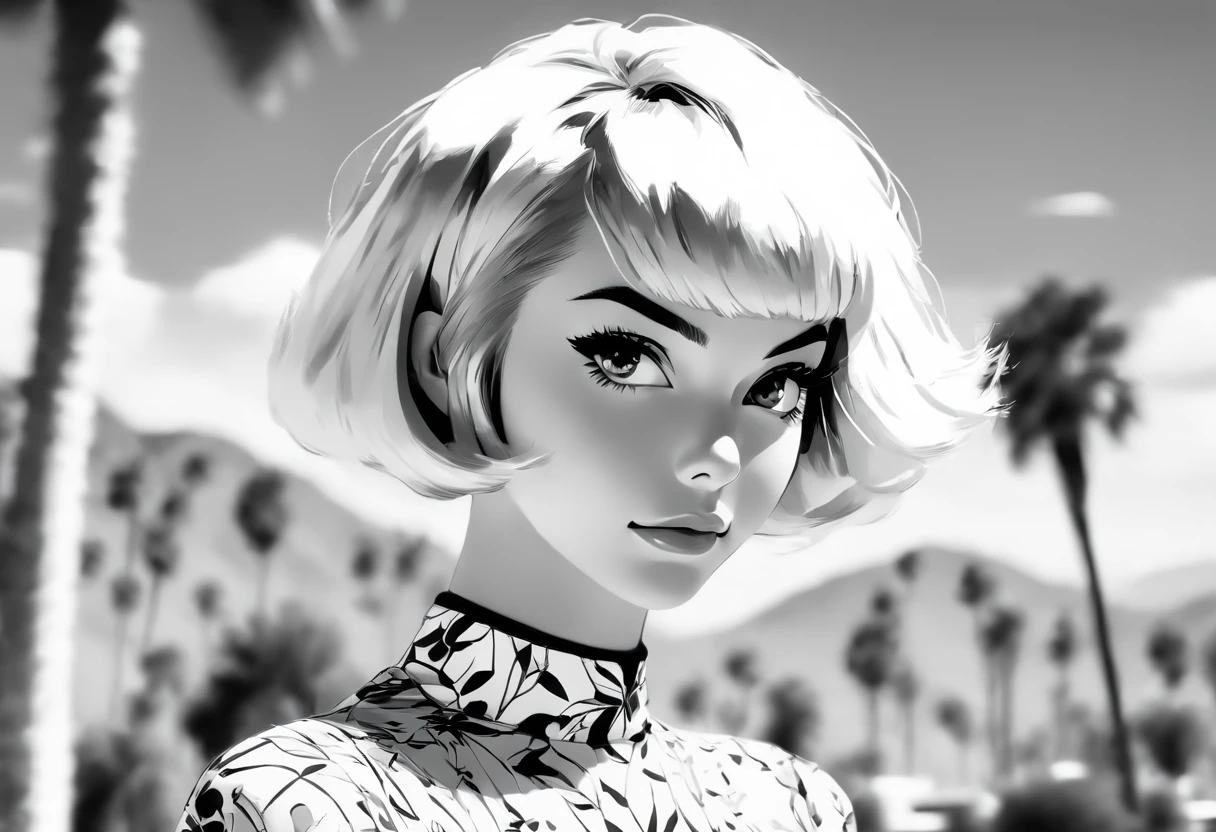 Young blonde woman with short hair, palm springs, 比基尼, California, mid century, bold black and white style, zeiss flat t * 80mm f/2.8, Stylish, fujifilm neo edition, s whole body, bold pattern, celebrity photos