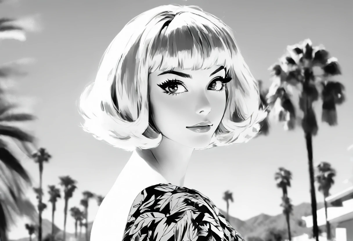 Young blonde woman with short hair, palm springs, 比基尼, California, mid century, bold black and white style, zeiss flat t * 80mm f/2.8, Stylish, fujifilm neo edition, s whole body, bold pattern, celebrity photos