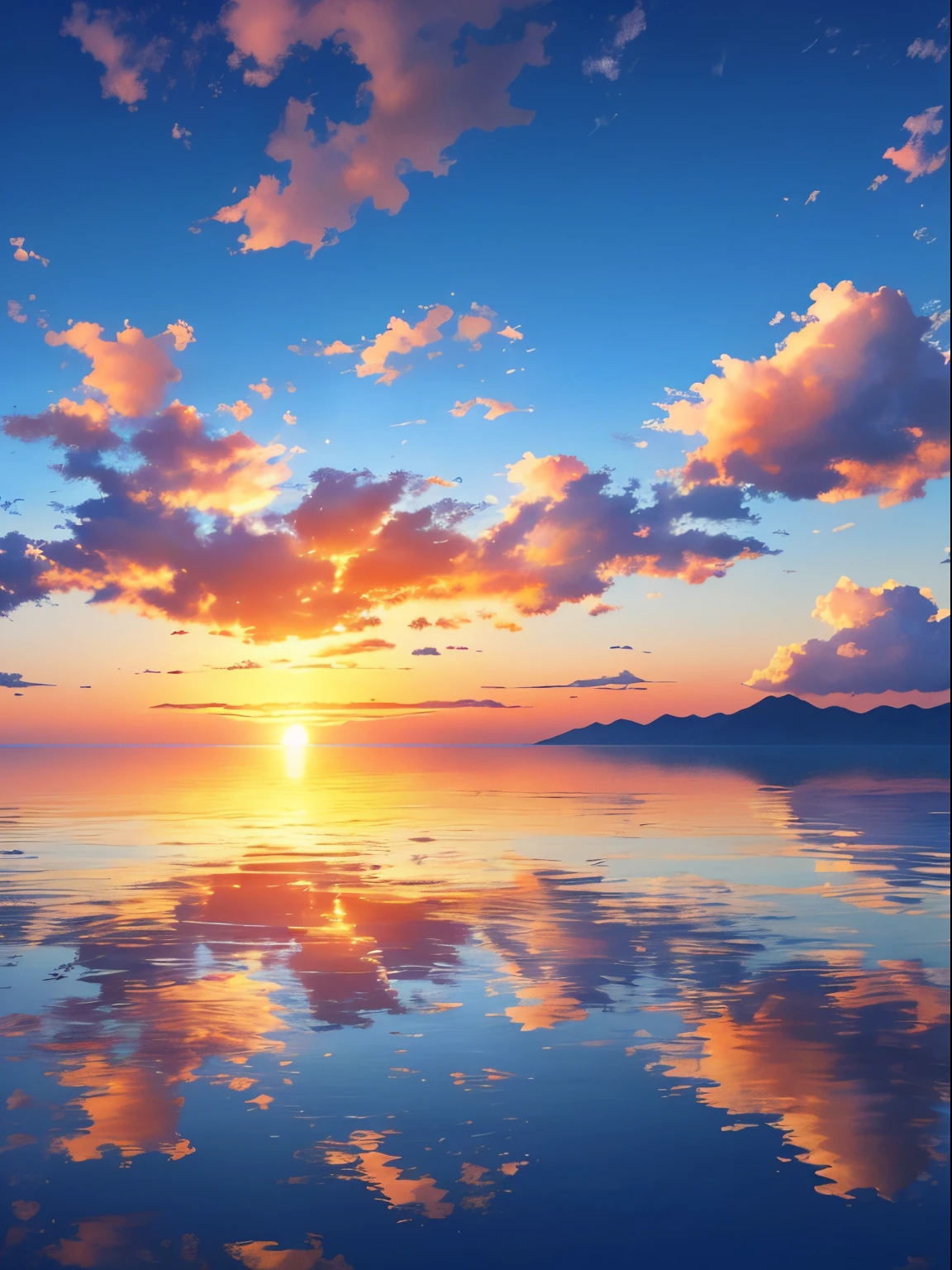 sunrise seen from the sea , ​masterpiece, top-quality, (extremely detailed CG unified 8k wallpaper) (top-quality), (The best illustrations), (best shade)、Super Meticulous, blue-sky、Variety of clouds、Wonderfully beautiful、nostalgic、Reflection of the Sun、Natural colors、Scenic、Summer sky、Make blue the basis