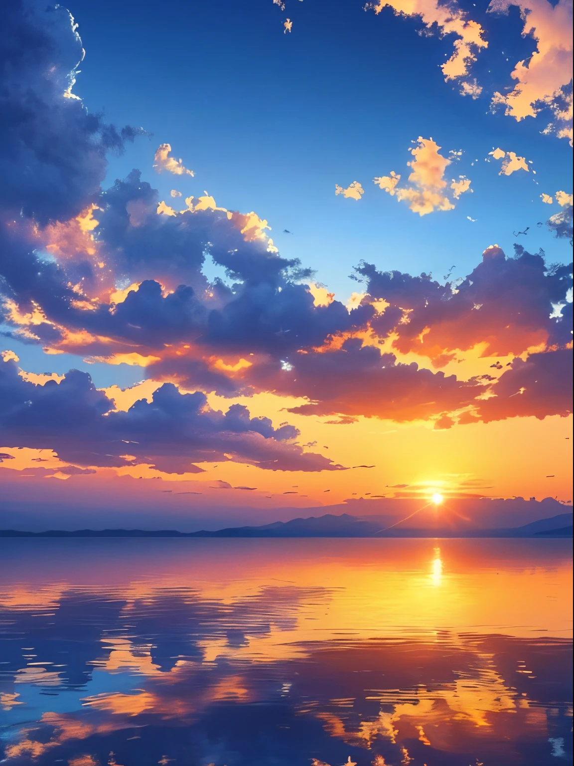 sunrise seen from the sea , masterpiece, top-quality, (extremely detailed CG unified 8k wallpaper) (top-quality), (The best illustrations), (best shade)、Super Meticulous, blue-sky、Variety of clouds、Wonderfully beautiful、nostalgic、Reflection of the Sun、Natural colors、Scenic、Summer sky、Make blue the basis