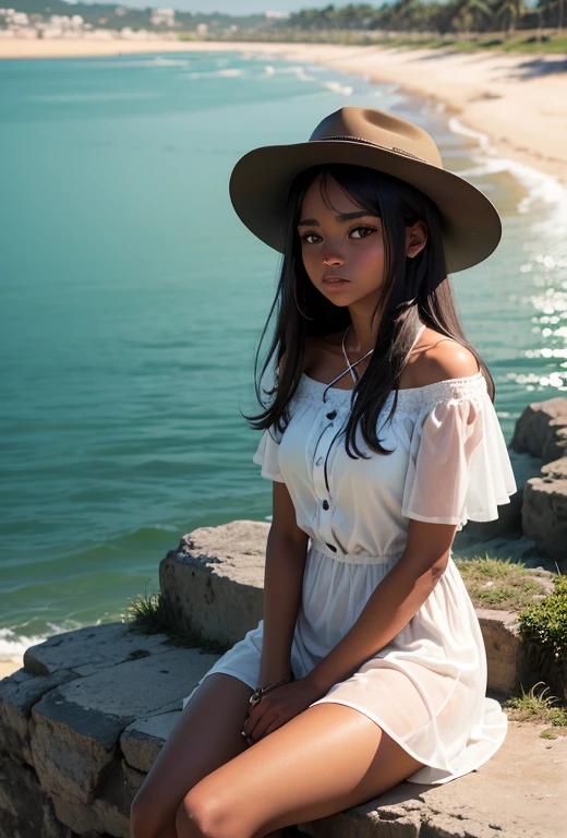 Em um campo verde, highes definition, 4k, bem detalhado,beira da montanha,observando o por do sol, clear, arm around the neck of a black girl sitting next to him, de costas para observador, garoto cabelo preto,curto,corte militar, de costas para o observador,a baixo da montanha uma lagoa, acima dessa lagoa o sol laranjado, highes definition.