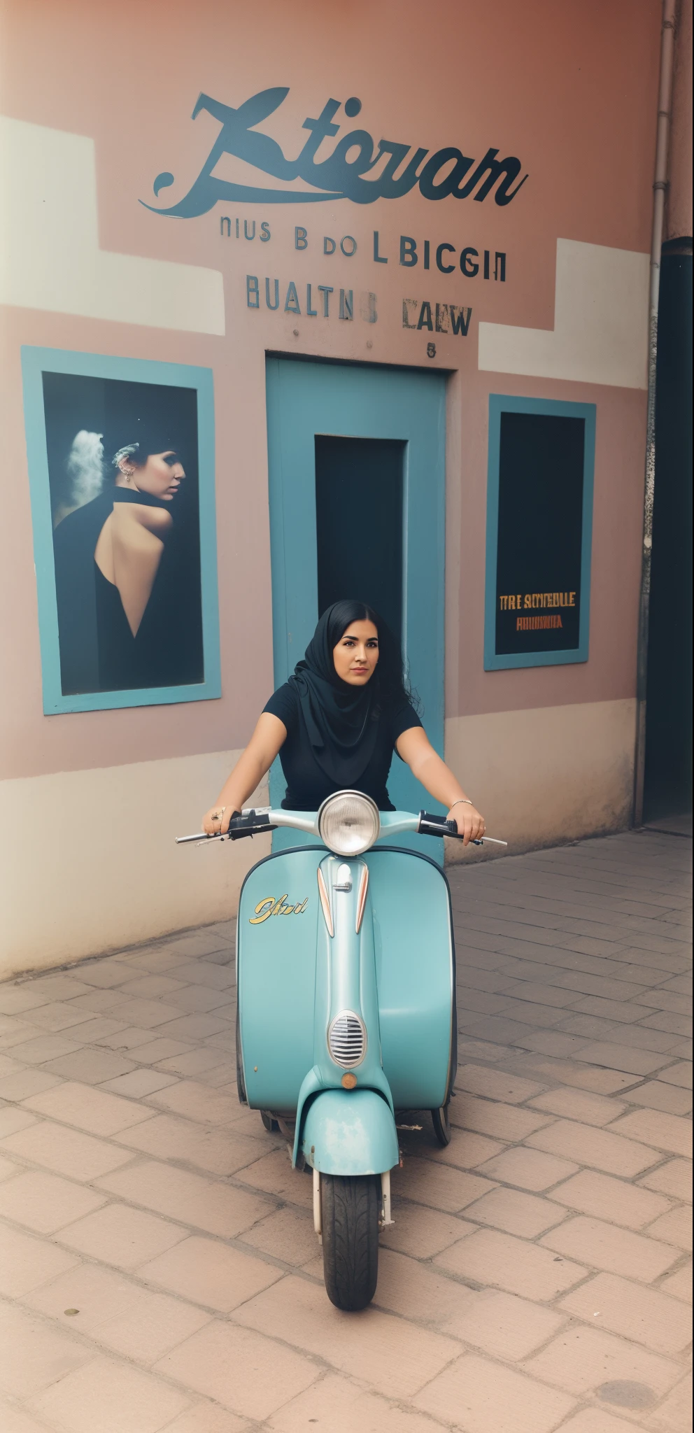 Arafi woman sitting on a scooter in front of a building, figura de cera, by Gina Pellón, Museu Photohot, in retro colors, visual vintage, by Amelia Peláez, Photo Session, foto retrato, atriz, Nos bastidores, Chibi, divertindo-se, ciclomotor, photo shoot, Directed by: Kathleen Scott
