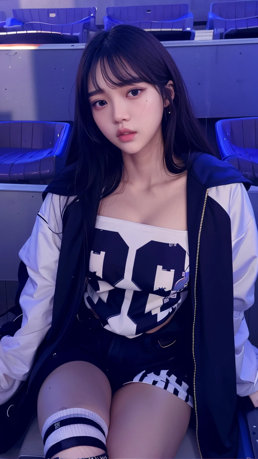 a close-up of a person sitting on a chair in a stadium, Jisoo do Blackpink, Jinyoung Canela, Casa Yunjoo, Jisoo do Blackpink, Ulzzang, Jisoo Blackpink Retrato, Retrato de Jossi do Blackpink, Jaeyeon Nam, Camisa cropped com jaqueta, tzuyu de duas vezes, Xianxia de corpo inteiro, Heonhwa Choe, jossi do blackpink
