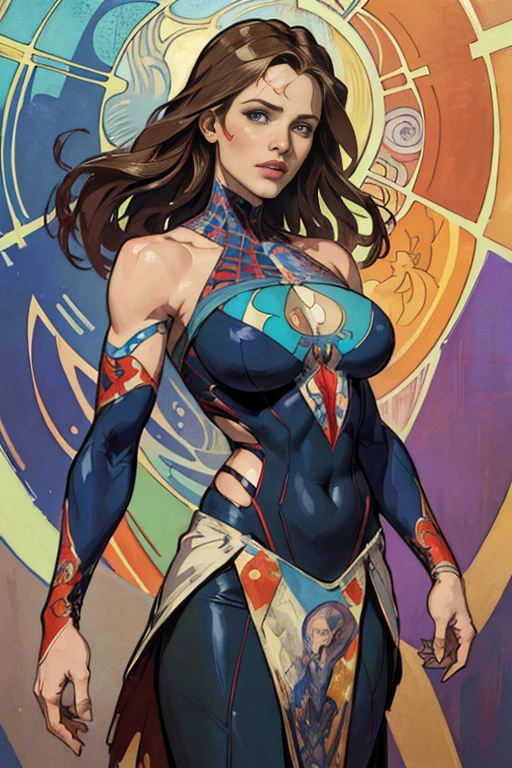Jennifer Garner、Sticking out the navel、newyork、She wears a torn Spider-Man suit,wearing skirt、abstract photorealistic、artistic、Alphonse Mucha's painting(masterpiece、top-quality、hight resolution:1.4)、detaileds、intricate-detail、4K、color splashes、line-drawing、Fibonacci、