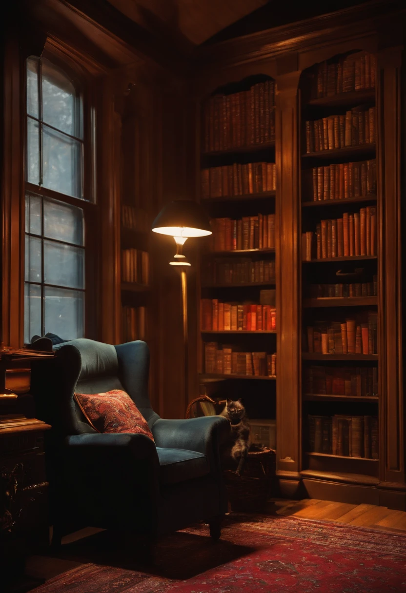 A cozy reading nook with a stack of Stephen King novels and a black cat curled up in a sunbeam,original,Portrayed by Stephen King, the American author, himself