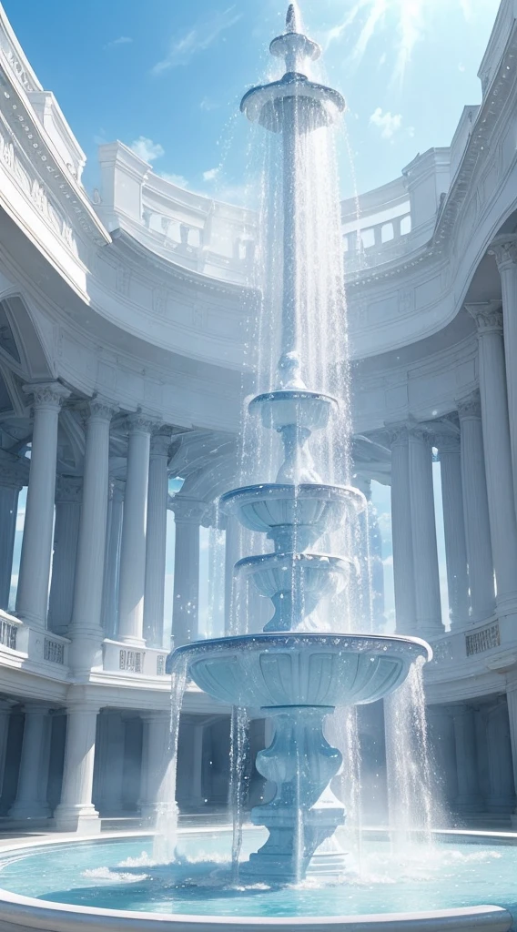 Light blue-white tones，Gorgeous interior space，Blend in with the beautiful white building，All white interior fantasy scene，((Super spectacular fountain))，(Super rich fountain)，Fountains at different levels，Transformation crystal，Ice crystals，Super quality，tmasterpiece，Super refined，A lot of detail，Splashing water droplets，feeling of mist，water vapor eruption