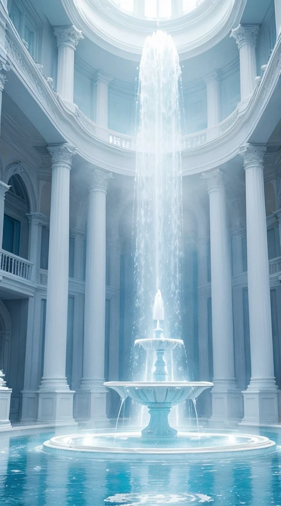Light blue-white tones，Gorgeous interior space，Blend in with the beautiful white building，All white interior fantasy scene，((Super spectacular fountain))，(Super rich fountain)，Fountains at different levels，Transformation crystal，Ice crystals，Super quality，tmasterpiece，Super refined，A lot of detail，Splashing water droplets，feeling of mist，water vapor eruption