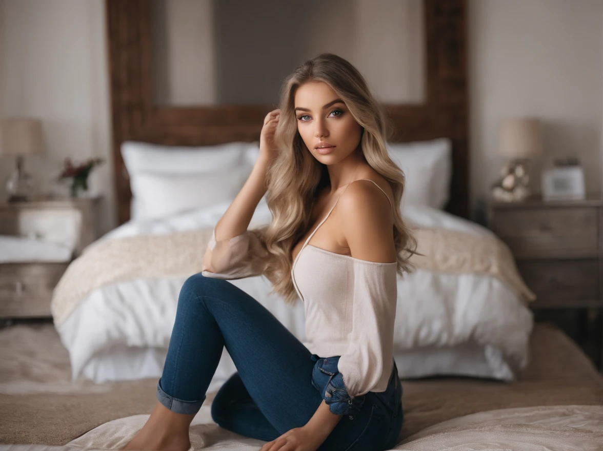 arafed woman fully , sexy girl with blue eyes, ultra realistic, meticulously detailed, portrait sophie mudd, blonde hair and large eyes, selfie of a young woman, bedroom eyes, violet myers, without makeup, natural makeup, looking directly at the camera, face with artgram, subtle makeup, stunning full body shot kneeling on bed, in bedroom, medium to large size bust