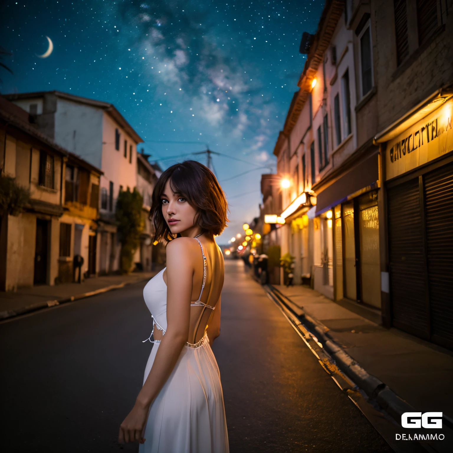 ((Obra maestra)), (La mejor calidad),, Arte Oficial, fondo de pantalla CG 8k extremadamente detallado, Altamente detallado, piel brillante, Profundidad de campo, color vivo,, 1girl, (curva:0.4), (cuerpo completo:0.6),, pelo corto, flequillo, ojos rojos, sin bragas, Mirando al espectador, Noche, calle, neon, Looking back, estrella (Cielo), muchedumbre, Parte superior del cuerpo,
