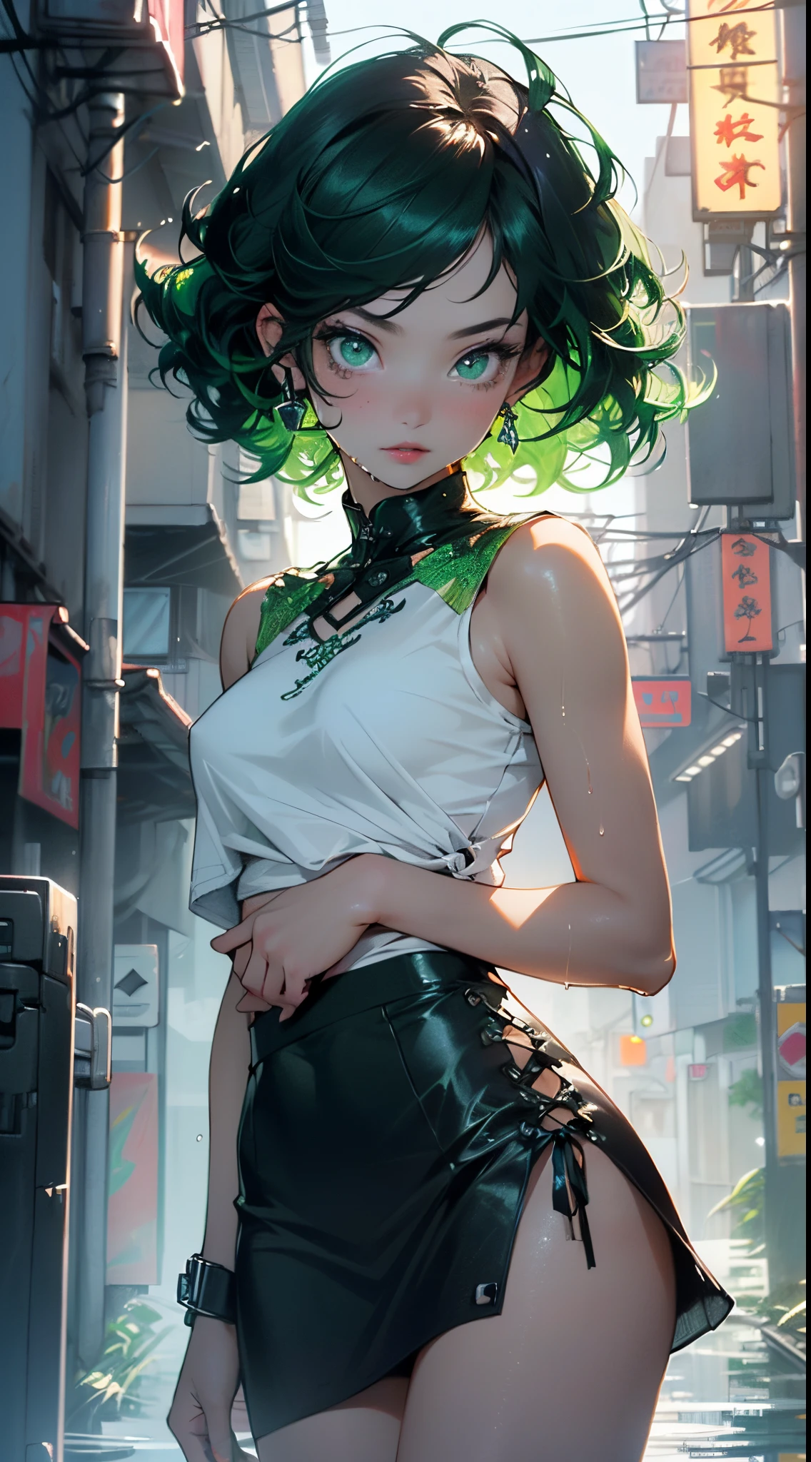 Natural Volumetric Lighting And Best Shadows, Deep Depth Of Field, Sharp Focus,1girl, solo, Terrible_Tornado,looking_at_viewer, blush, short_hair, bangs, green_hair, green_eyes,detailed eyes, collarbone, thighs, small_breasts, outdoors, parted_lips, green_hair, float, cloud, dark green dress, cloudy_sky, pelvic_curtain, side_slit, curly_hair, flipped_hair,floating gravel,