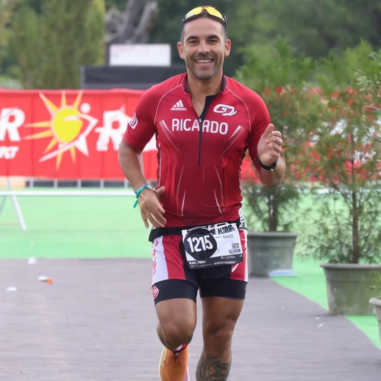 happy man running wearing a red shirt and black shorts