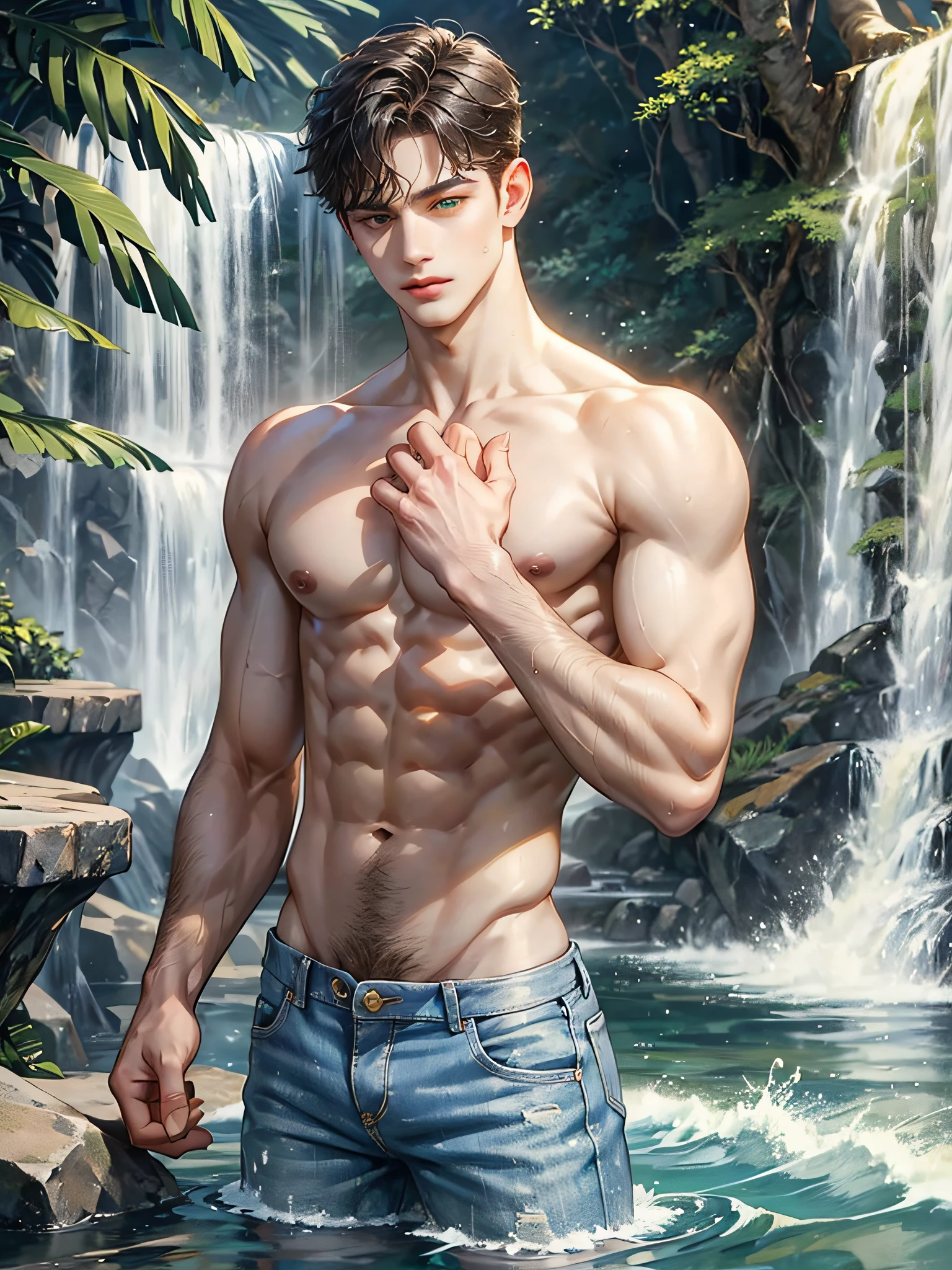A boy, short back hair, wavy hair, green eyes. He's shirtless, jeans, handsome boy, detailed eyes, detailed face, detailed hands, looking at the viewer. He is inside water. Background waterfalls