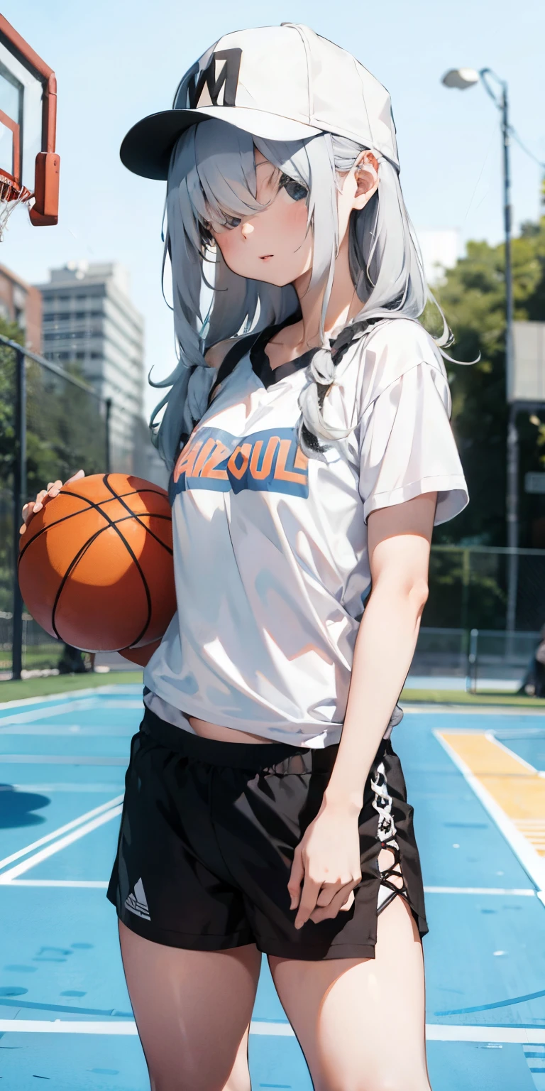 Random basketball player white skin girl, cool shooting on hoop shot, happy, cute shy girl, white long hair, sexy, slim, poser, tomboy, cool basketball court background, black binnie , cap