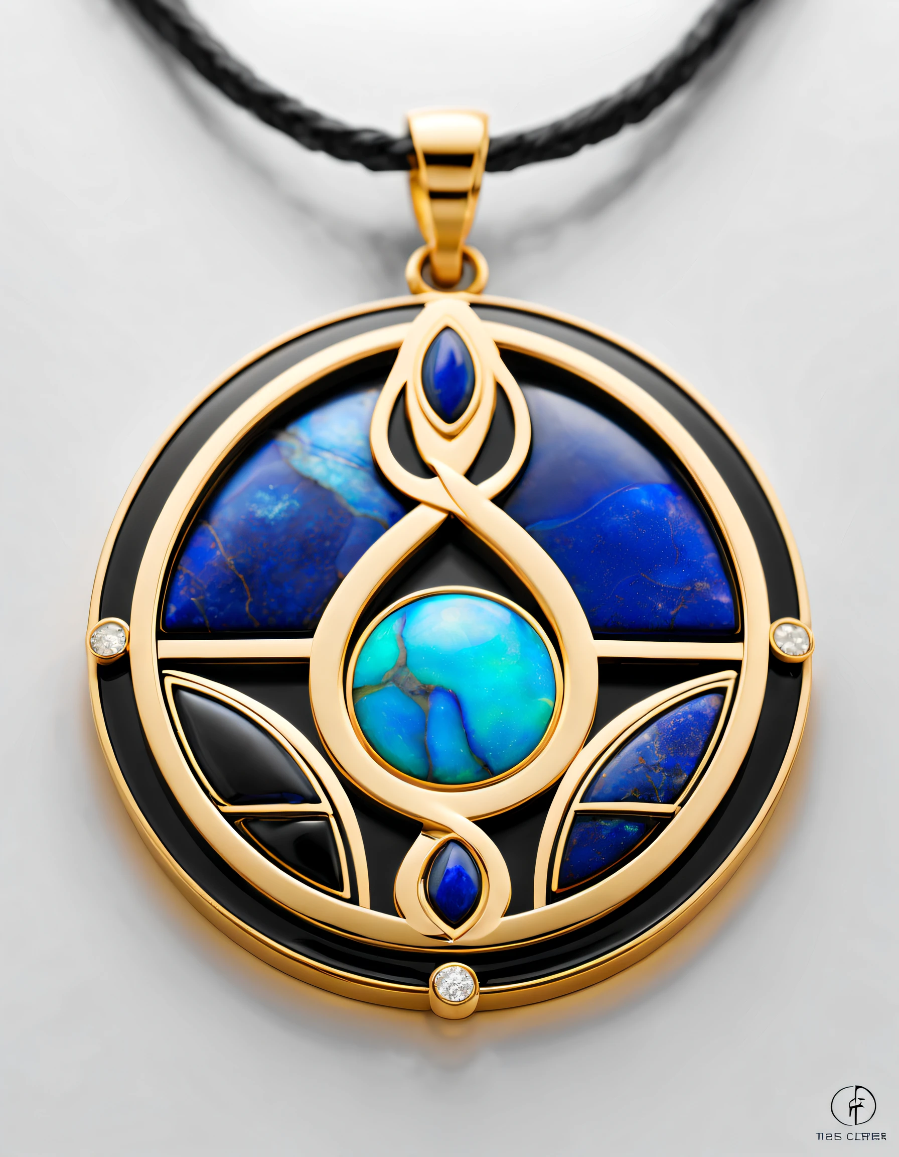 pendant design,Logo design,European and American minimalist style,sense of science and technology, (Pisces pendant design), (double opal:1.0), Black gold border, lapis lazuli,turquesa,black shell,(Pisces symbol),(Golden Pisces),Van Cleef & Arpels Cartier, Background with: The white,The content is very detailed, Best quality at best, tmasterpiece, A high resolution, hyper realisitc, 8K,gentlesoftlighting,